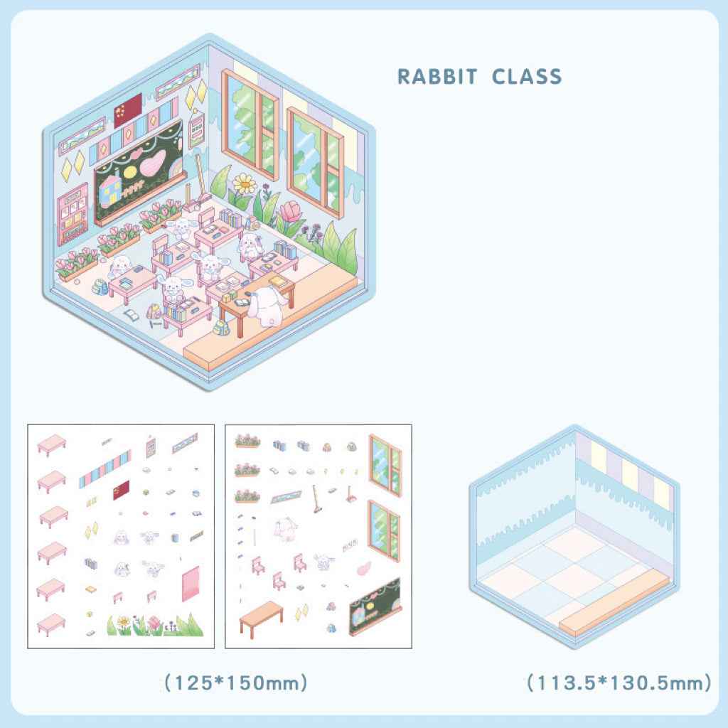 Cute Animal 4.0 3D Isometric Room Stickers - 8 Theme Sets: Sheep Hut | Rabbit Class | Dogs Bookstore | Bear Workshop | Piggy Restaurant | Devil Cat | Mouse House | Raccoon Noodle Shop