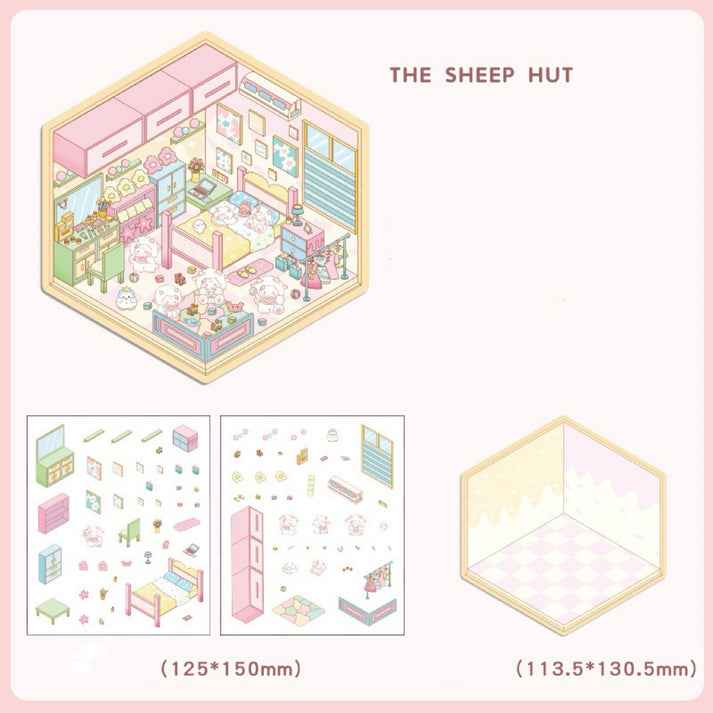 Cute Animal 4.0 3D Isometric Room Stickers - 8 Theme Sets: Sheep Hut | Rabbit Class | Dogs Bookstore | Bear Workshop | Piggy Restaurant | Devil Cat | Mouse House | Raccoon Noodle Shop