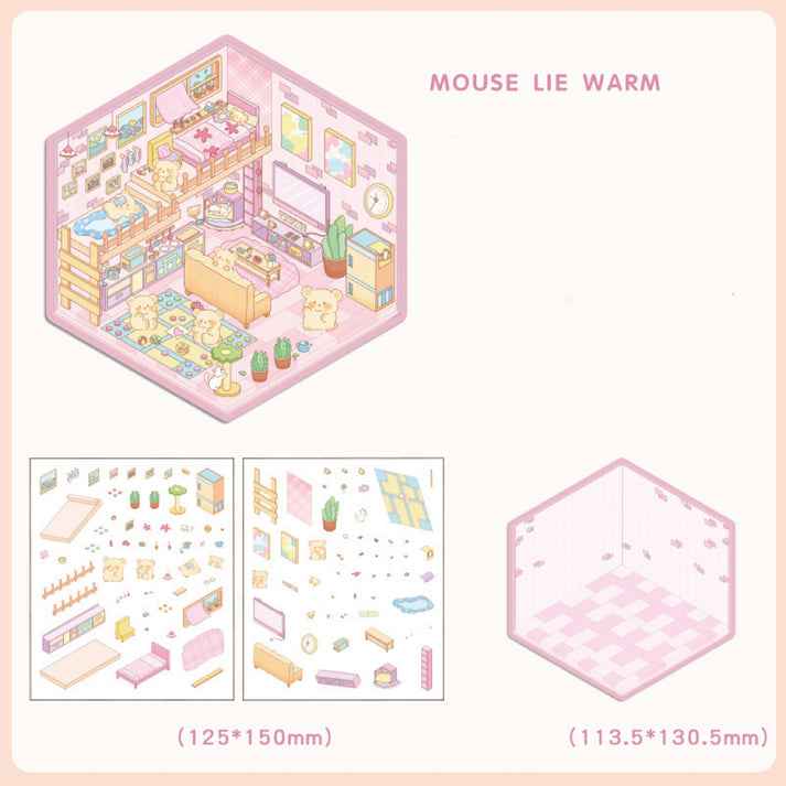 Cute Animal 4.0 3D Isometric Room Stickers - 8 Theme Sets: Sheep Hut | Rabbit Class | Dogs Bookstore | Bear Workshop | Piggy Restaurant | Devil Cat | Mouse House | Raccoon Noodle Shop