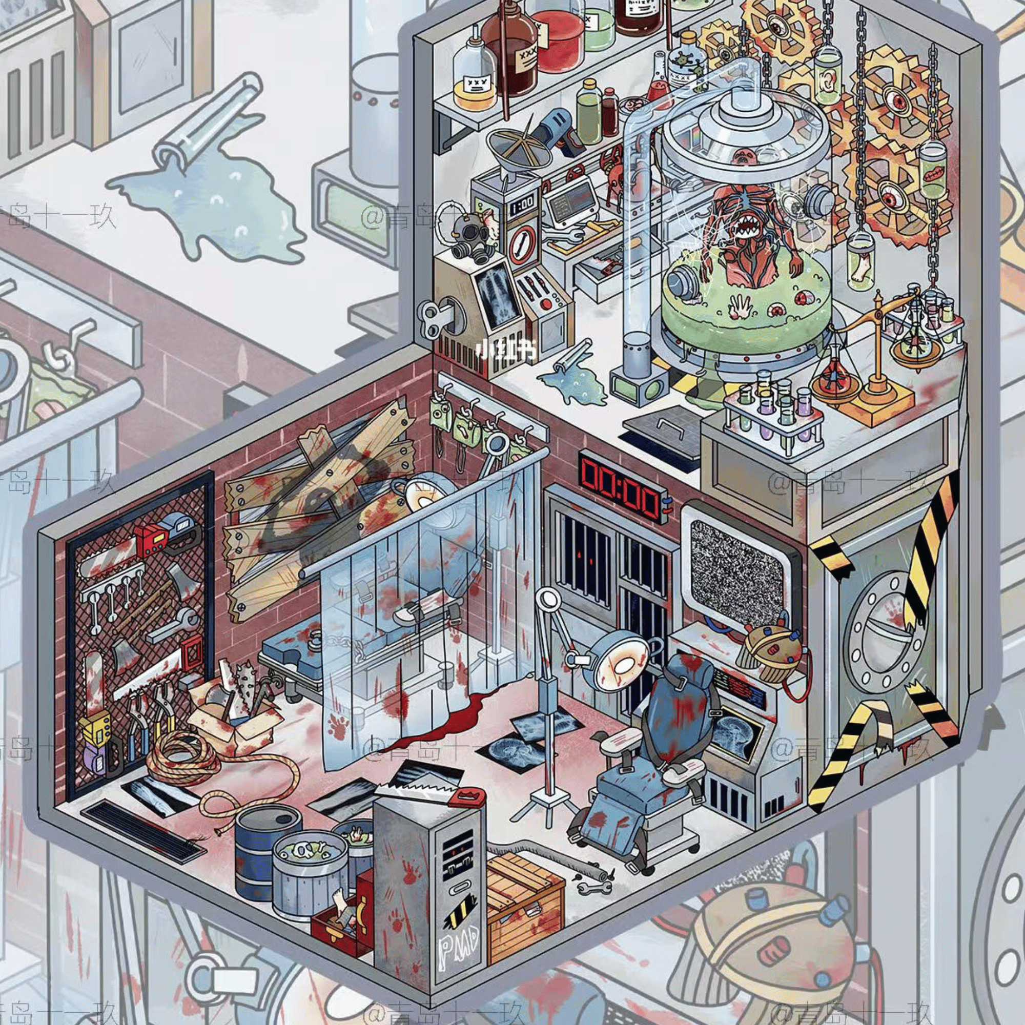Chainsaw Horror – 3D Miniature Scene Stickers – 2 Theme Sets: Chainsaw Lab | Puppet Theater
