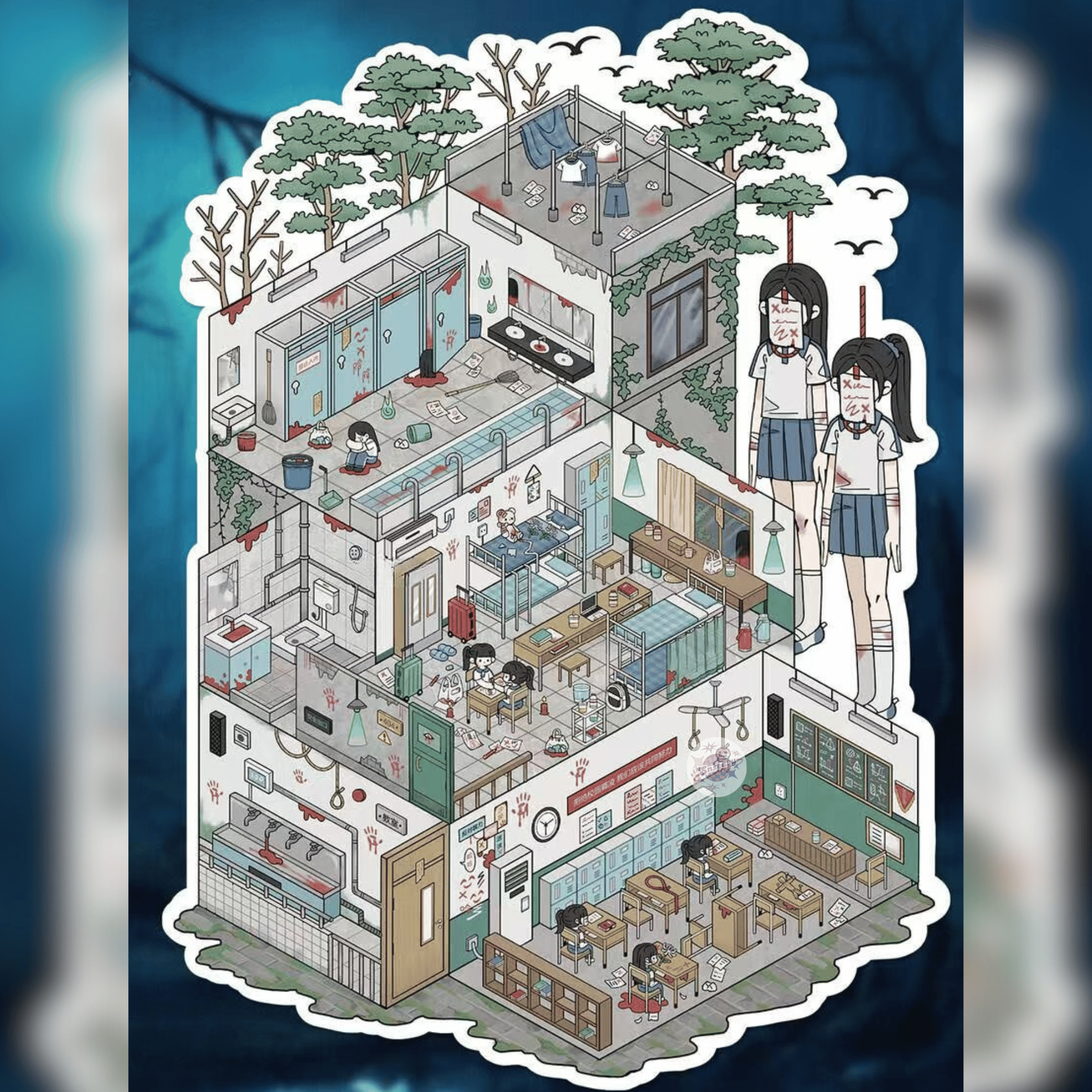 End of the World – 3D Miniature Scene Stickers – Plus Size – 4 Theme Sets: Frozen Shelter | Deep Sea Refuge | Abandoned Hospital | Haunted School