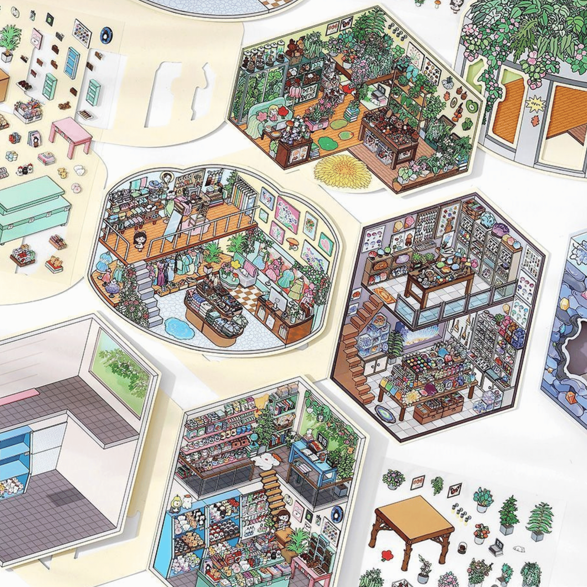 Cute Girl’s Dream Shops – 3D Miniature Scene Stickers – 4 Theme Sets: Clothing Store | Plant Boutique | Doll Shop | Gemstone Store