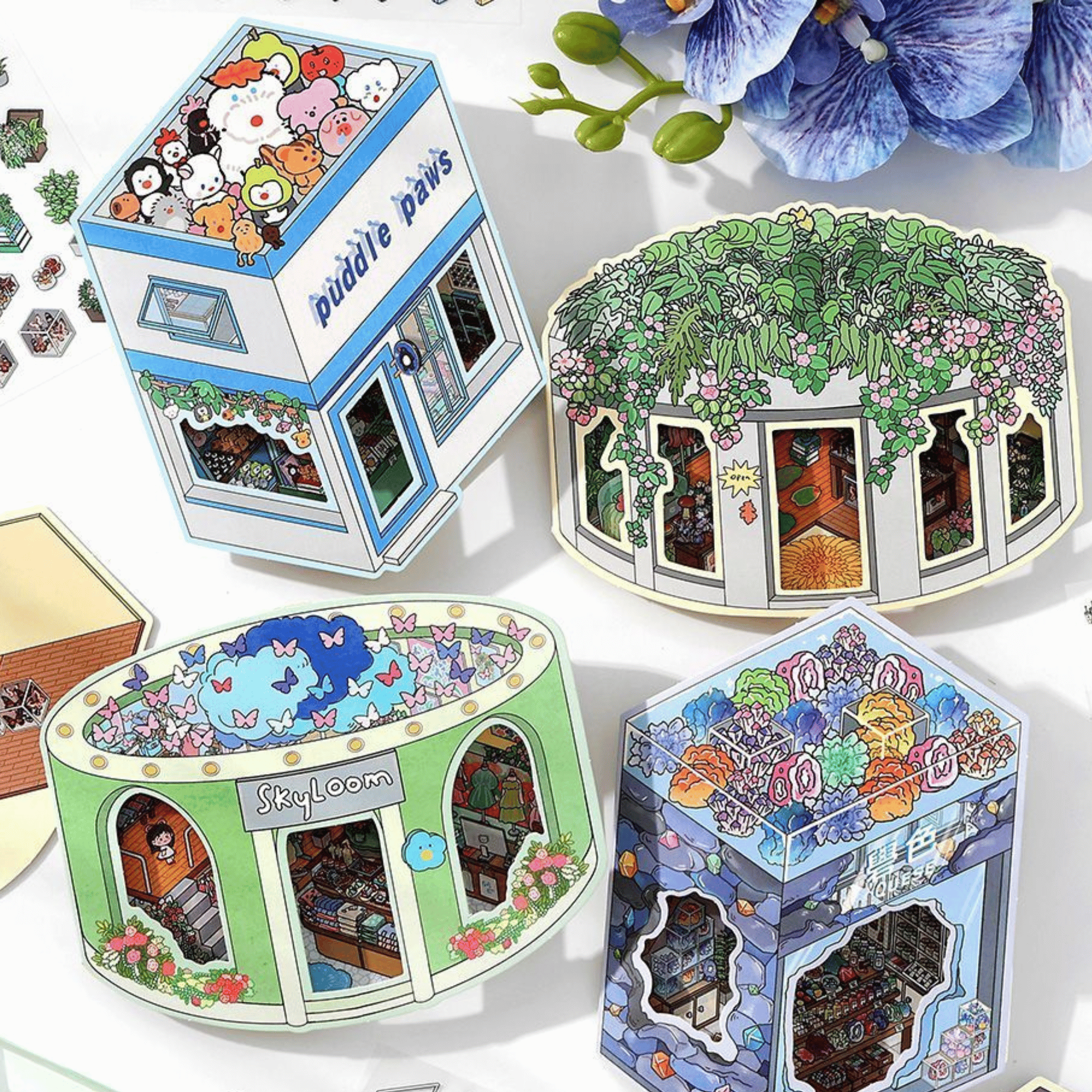Cute Girl’s Dream Shops – 3D Miniature Scene Stickers – 4 Theme Sets: Clothing Store | Plant Boutique | Doll Shop | Gemstone Store