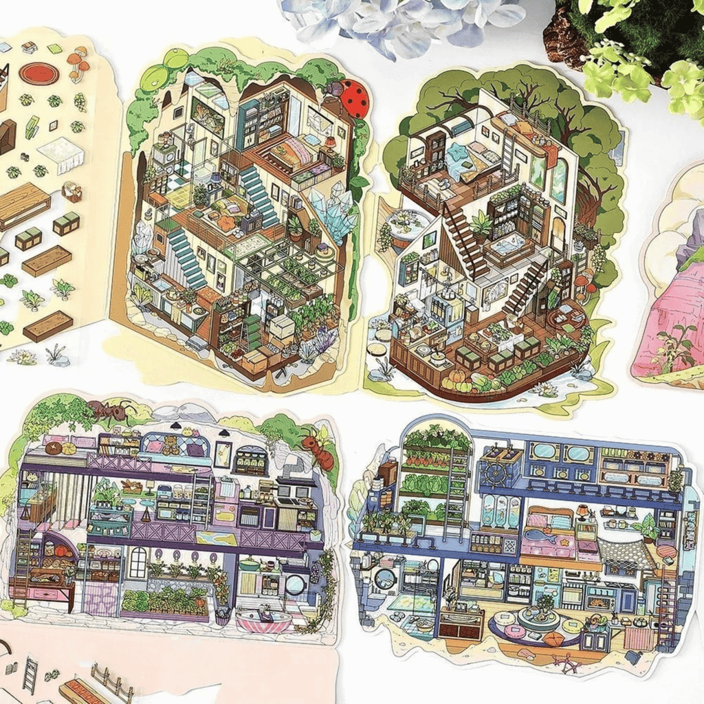 My Secret Hideouts – 3D Miniature Scene Stickers – 4 Theme Sets: Tree Hollow | Underground Den | Cave Shelter | Mine Cabin