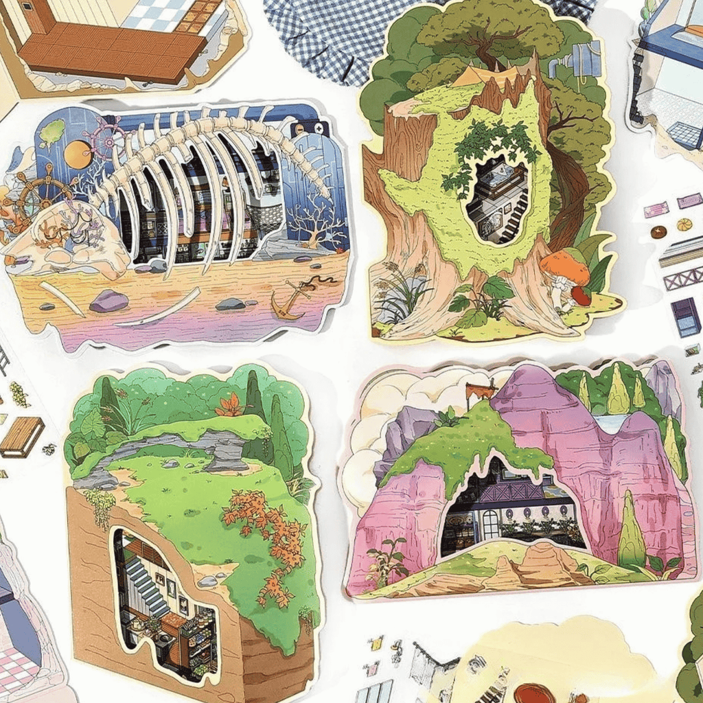 My Secret Hideouts – 3D Miniature Scene Stickers – 4 Theme Sets: Tree Hollow | Underground Den | Cave Shelter | Mine Cabin