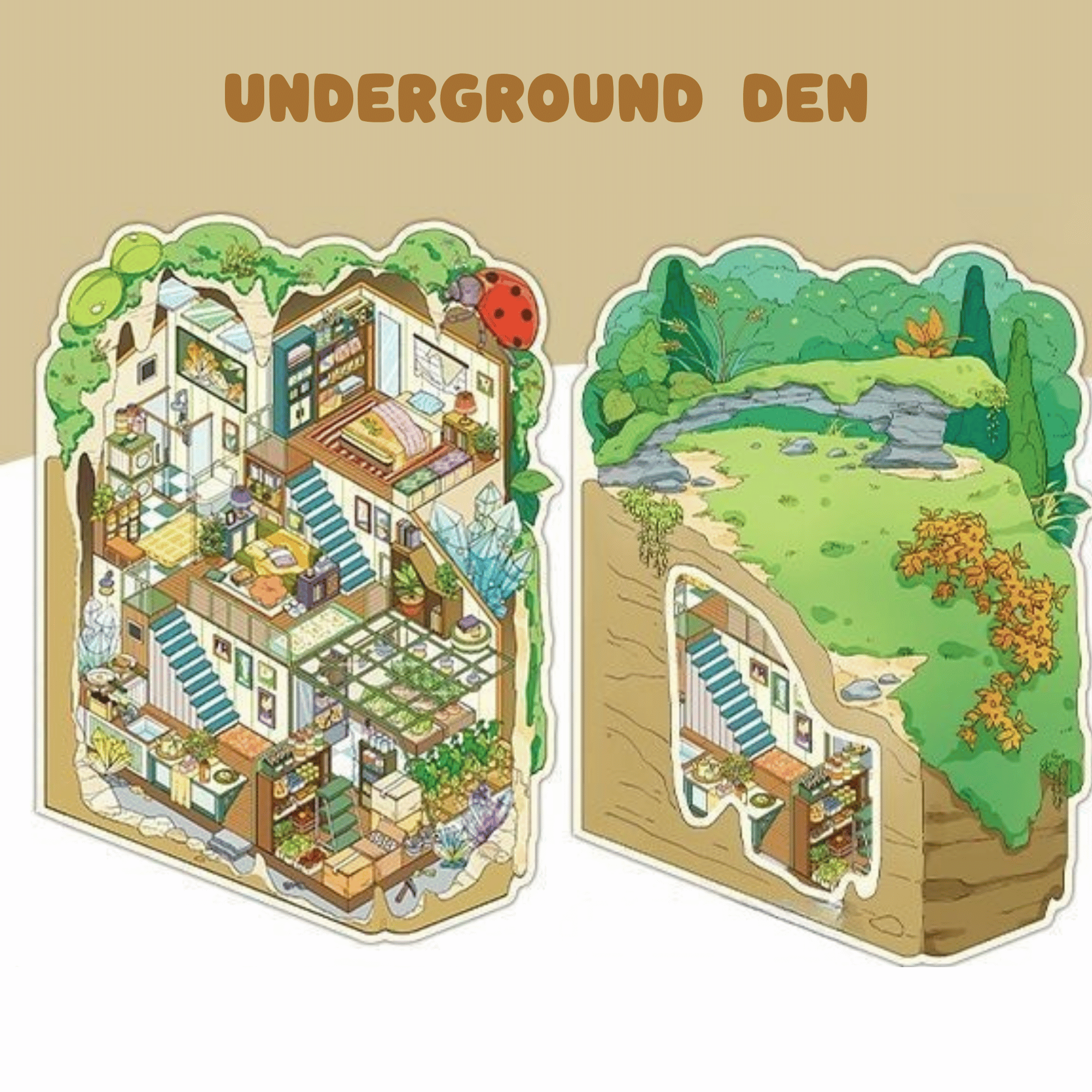 My Secret Hideouts – 3D Miniature Scene Stickers – 4 Theme Sets: Tree Hollow | Underground Den | Cave Shelter | Mine Cabin