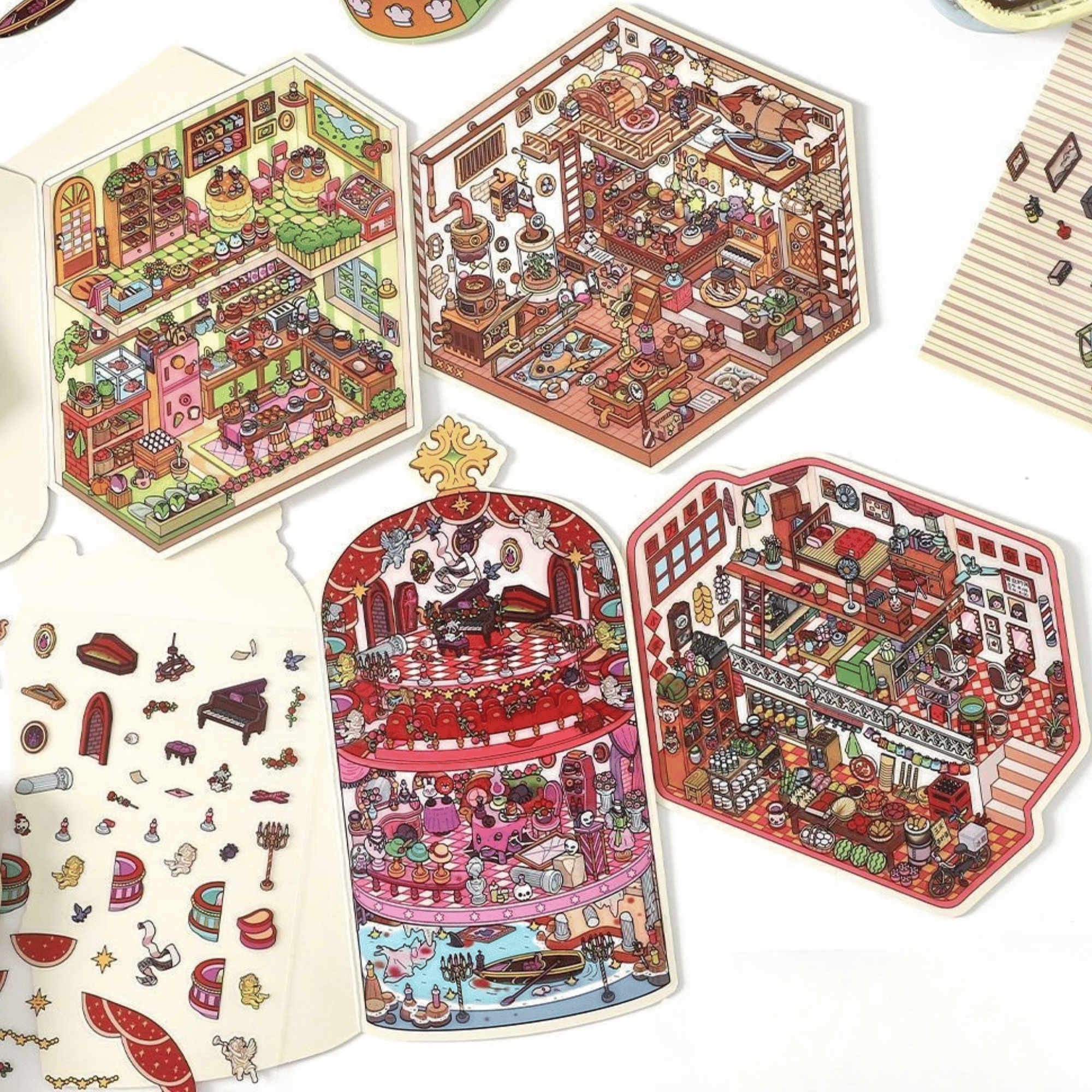 Whimsical Holiday – 3D Miniature Scene Stickers – 4 Theme Sets: Spaceship Parcel | TV Convenience Store | Caged Venice Theater | Book Kitchen