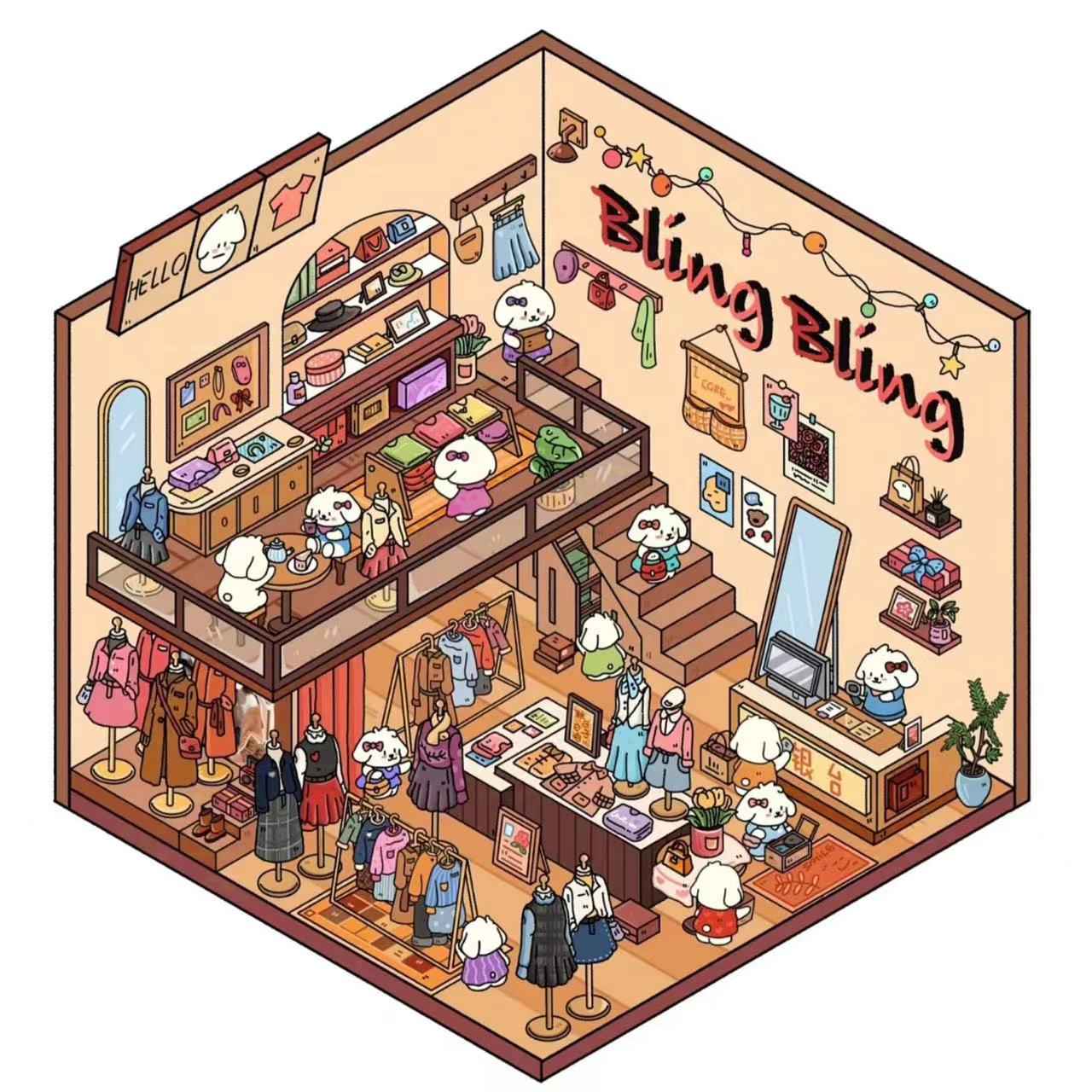 Cute Puppy 3D Isometric Room Stickers – 8 Theme Sets: Christmas Party | Clothing Store | Flower Shop | BBQ Restaurant | Wedding | Happy New Year | Dress Shop | Temple Fair