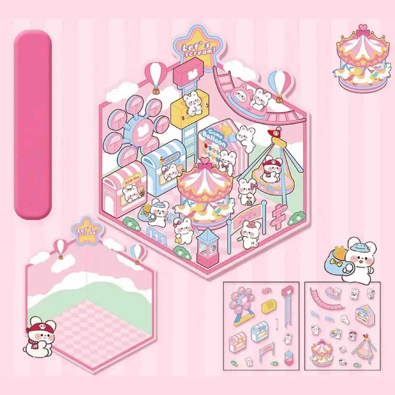 Adorable Animal 3D Isometric Room Stickers - A Special Day: Panda Teahouse | Bunny Amusement Park | Capybara Hot Spring | Pony Magic Bookstore