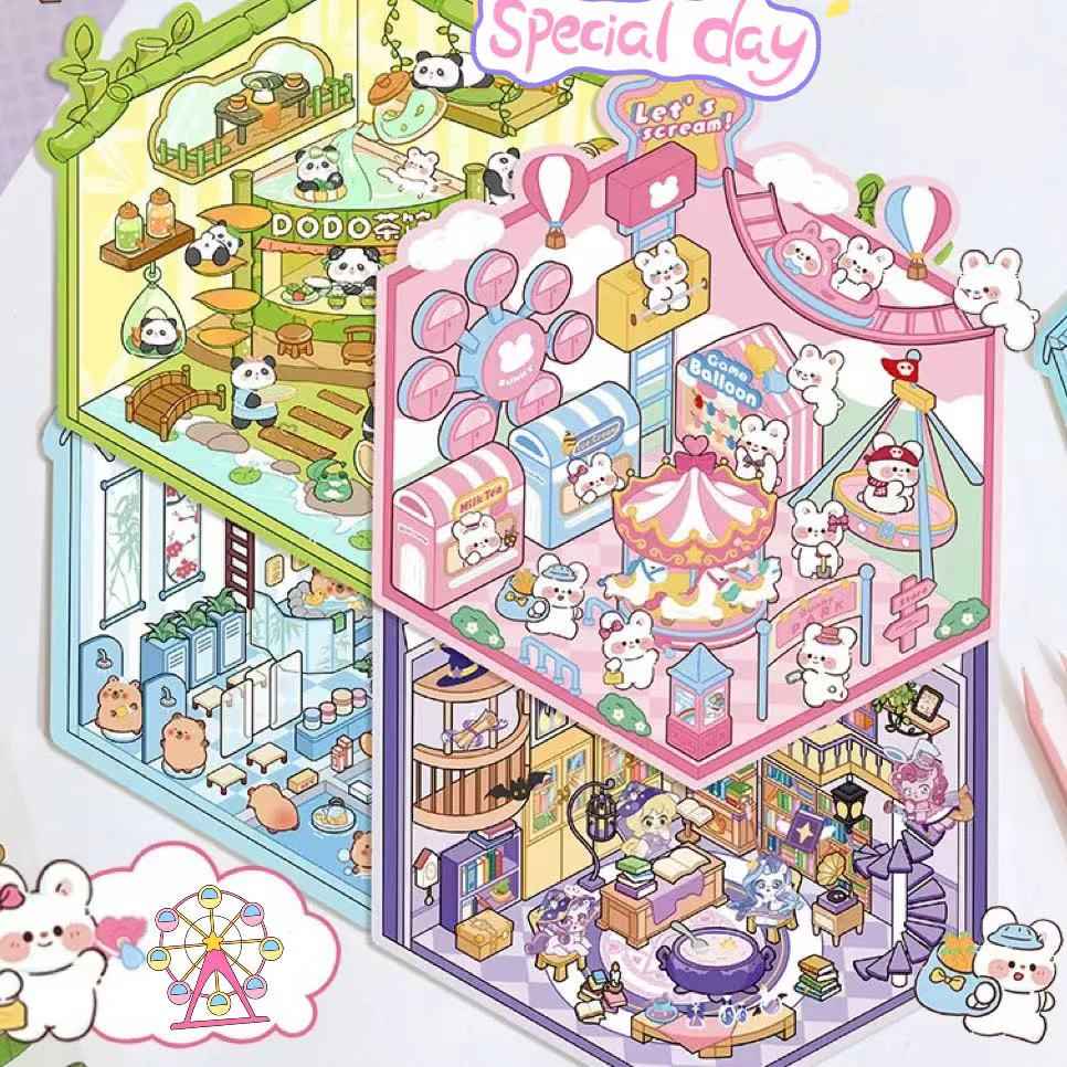 Adorable Animal 3D Isometric Room Stickers - A Special Day: Panda Teahouse | Bunny Amusement Park | Capybara Hot Spring | Pony Magic Bookstore