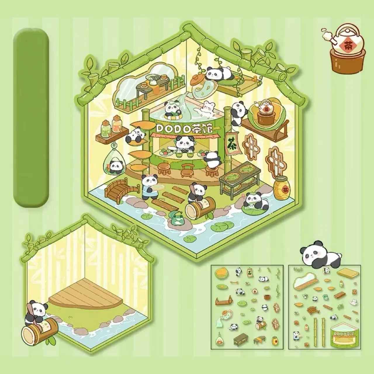 Adorable Animal 3D Isometric Room Stickers - A Special Day: Panda Teahouse | Bunny Amusement Park | Capybara Hot Spring | Pony Magic Bookstore