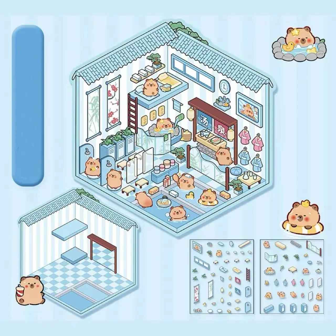 Adorable Animal 3D Isometric Room Stickers - A Special Day: Panda Teahouse | Bunny Amusement Park | Capybara Hot Spring | Pony Magic Bookstore