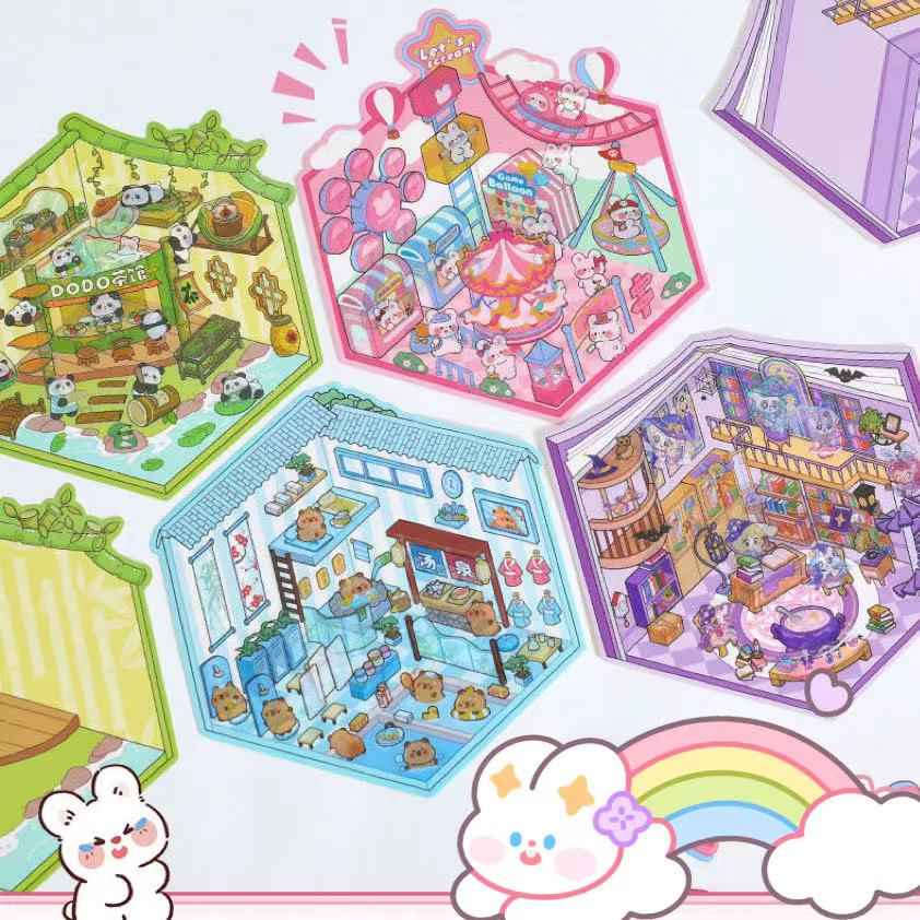 Adorable Animal 3D Isometric Room Stickers - A Special Day: Panda Teahouse | Bunny Amusement Park | Capybara Hot Spring | Pony Magic Bookstore
