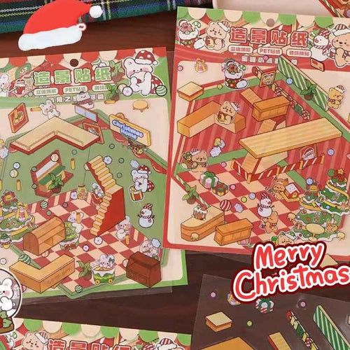 Bear and Bunny's Christmas 3D Isometric Room Stickers - Limited Edition: Cozy Christmas Home | Festive Living Room