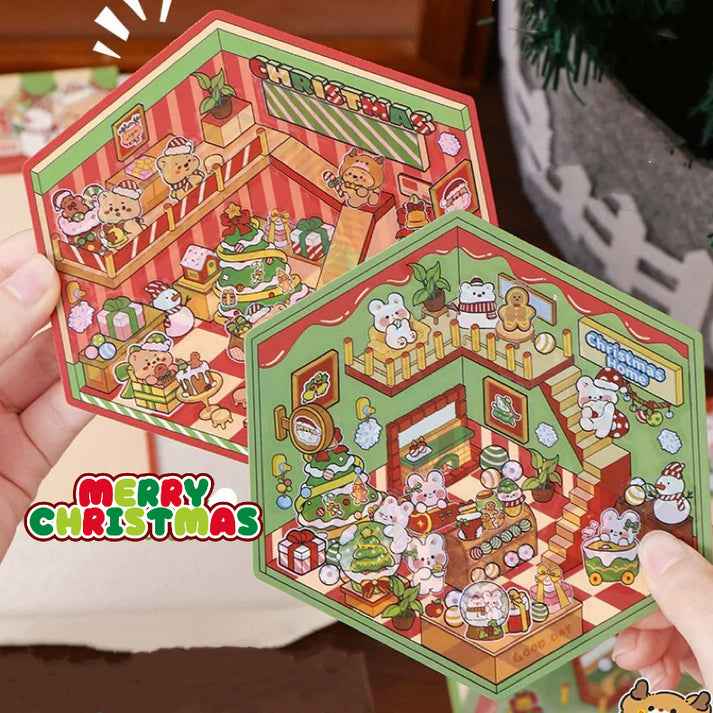 Bear and Bunny's Christmas 3D Isometric Room Stickers - Limited Edition: Cozy Christmas Home | Festive Living Room