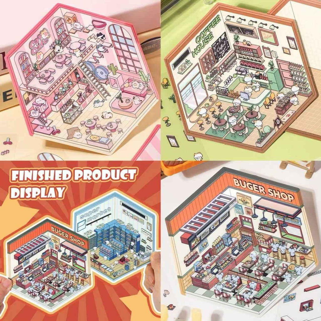 Cute Cat and Mouse Shops 3D Isometric Room Stickers - 4 Theme Sets: Coffee House | Cat Cafe | Supermarket | Burger Shop