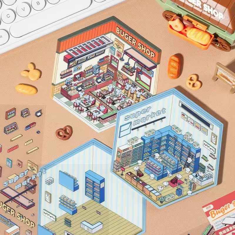 Cute Cat and Mouse Shops 3D Isometric Room Stickers - 4 Theme Sets: Coffee House | Cat Cafe | Supermarket | Burger Shop