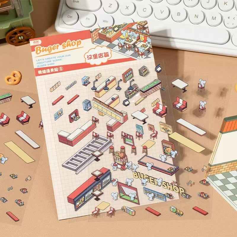 Cute Cat and Mouse Shops 3D Isometric Room Stickers - 4 Theme Sets: Coffee House | Cat Cafe | Supermarket | Burger Shop
