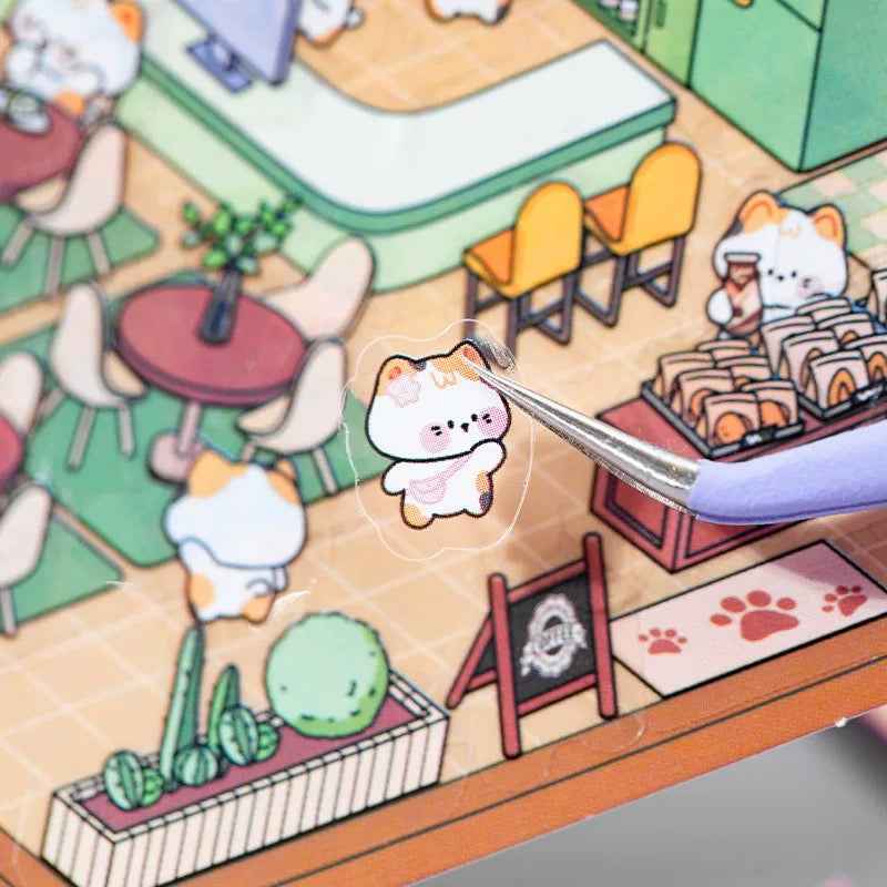 Cute Cat and Mouse Shops 3D Isometric Room Stickers - 4 Theme Sets: Coffee House | Cat Cafe | Supermarket | Burger Shop