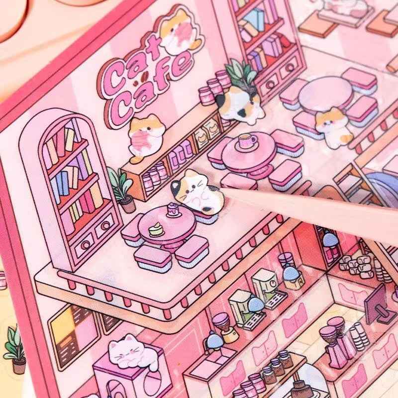 Cute Cat and Mouse Shops 3D Isometric Room Stickers - 4 Theme Sets: Coffee House | Cat Cafe | Supermarket | Burger Shop