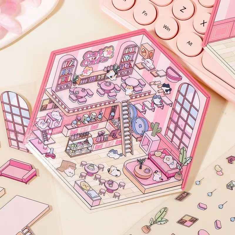 Cute Cat and Mouse Shops 3D Isometric Room Stickers - 4 Theme Sets: Coffee House | Cat Cafe | Supermarket | Burger Shop