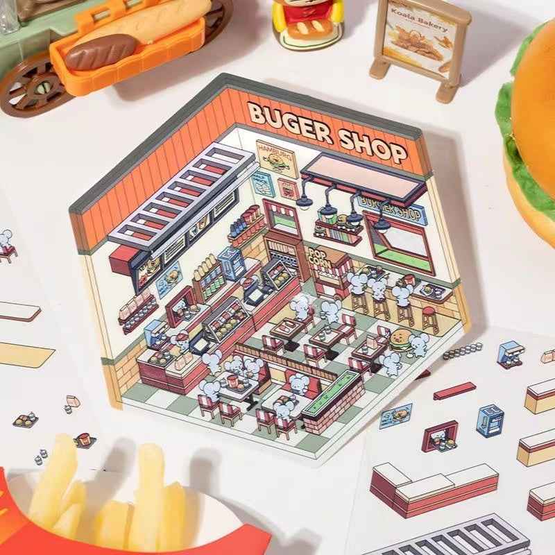 Cute Cat and Mouse Shops 3D Isometric Room Stickers - 4 Theme Sets: Coffee House | Cat Cafe | Supermarket | Burger Shop