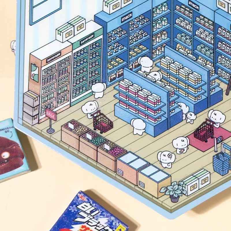 Cute Cat and Mouse Shops 3D Isometric Room Stickers - 4 Theme Sets: Coffee House | Cat Cafe | Supermarket | Burger Shop