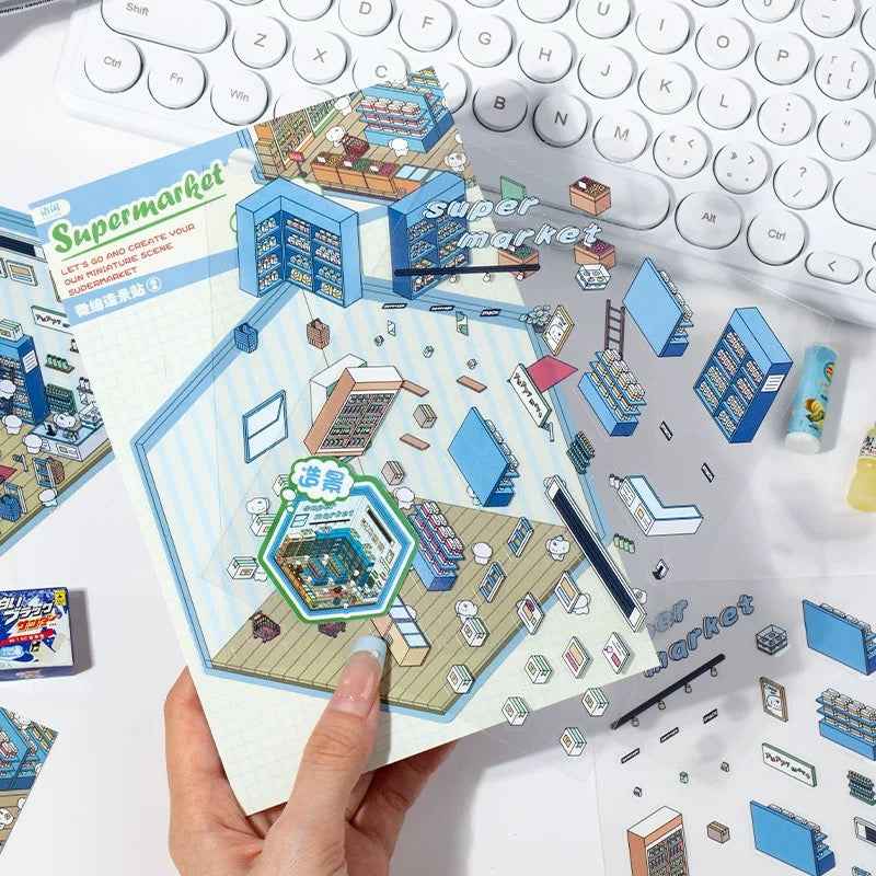 Cute Cat and Mouse Shops 3D Isometric Room Stickers - 4 Theme Sets: Coffee House | Cat Cafe | Supermarket | Burger Shop