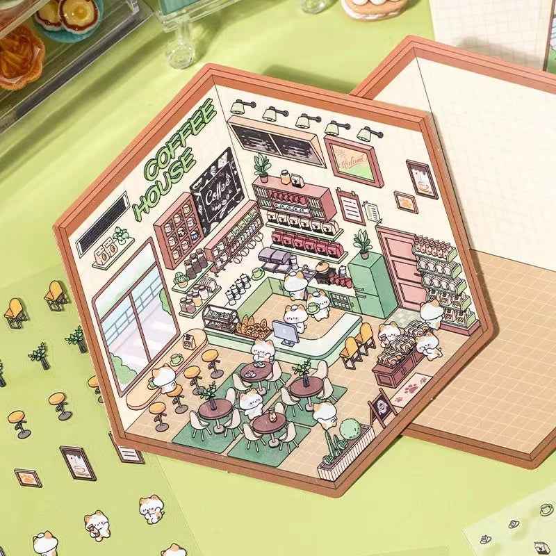 Cute Cat and Mouse Shops 3D Isometric Room Stickers - 4 Theme Sets: Coffee House | Cat Cafe | Supermarket | Burger Shop