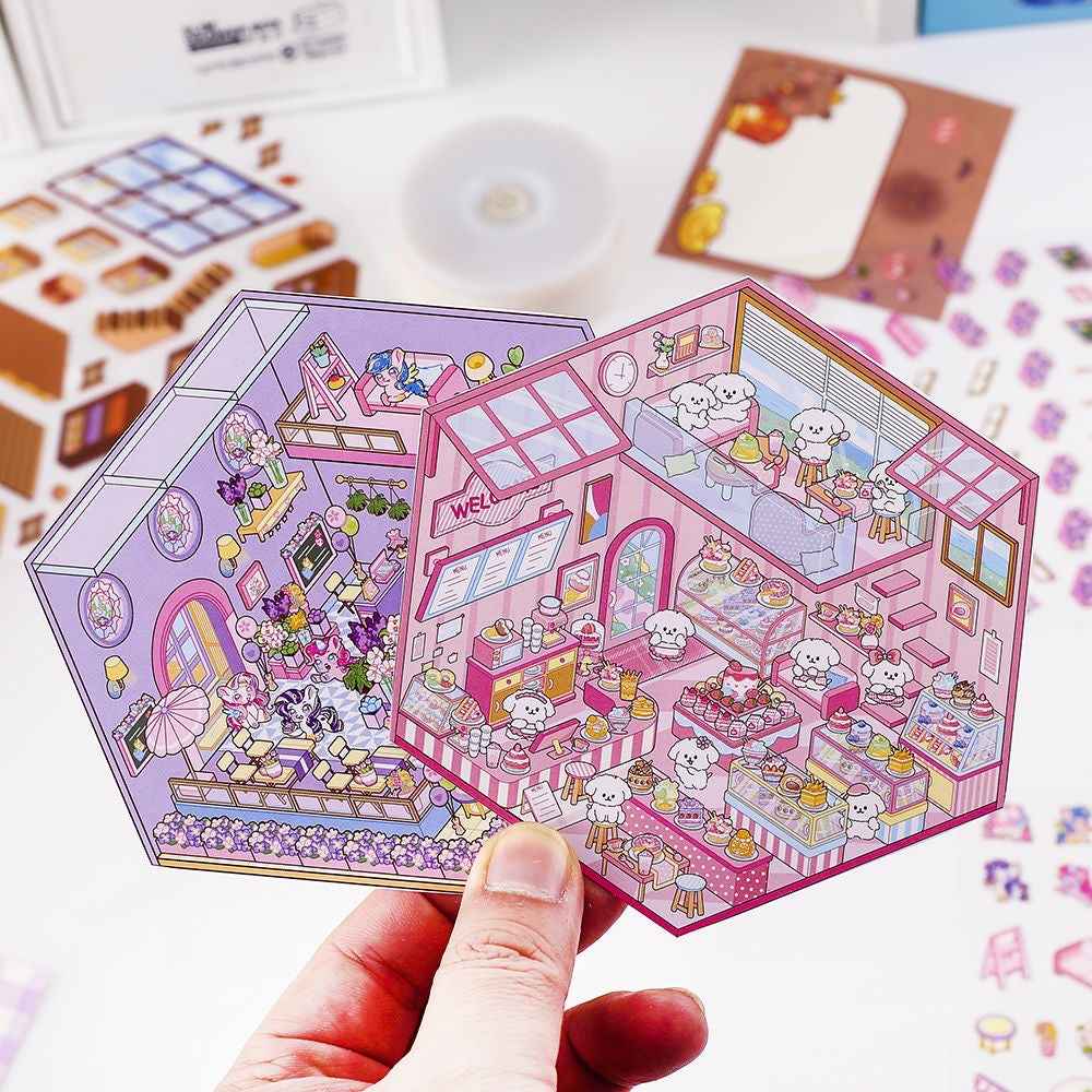 Cute Animal 5.0 3D Isometric Room Stickers Scene - 4 Theme Sets: Pony Flower Shop | Capybara Bookstore | Puppy Cake Shop | Bear Hamburger
