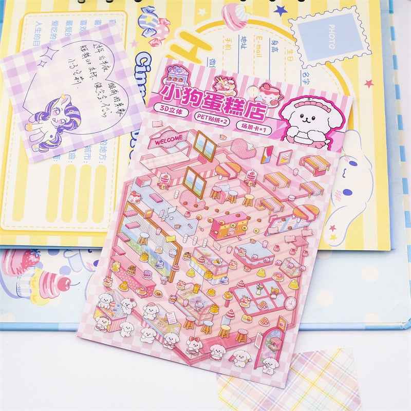 Cute Animal 5.0 3D Isometric Room Stickers Scene - 4 Theme Sets: Pony Flower Shop | Capybara Bookstore | Puppy Cake Shop | Bear Hamburger