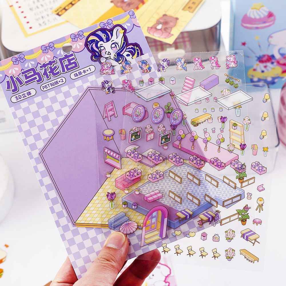 Cute Animal 5.0 3D Isometric Room Stickers Scene - 4 Theme Sets: Pony Flower Shop | Capybara Bookstore | Puppy Cake Shop | Bear Hamburger