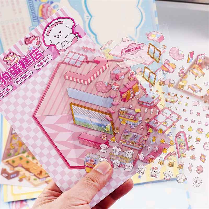 Cute Animal 5.0 3D Isometric Room Stickers Scene - 4 Theme Sets: Pony Flower Shop | Capybara Bookstore | Puppy Cake Shop | Bear Hamburger