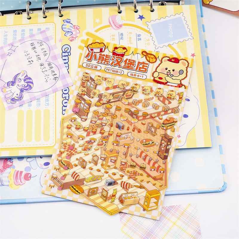 Cute Animal 5.0 3D Isometric Room Stickers Scene - 4 Theme Sets: Pony Flower Shop | Capybara Bookstore | Puppy Cake Shop | Bear Hamburger