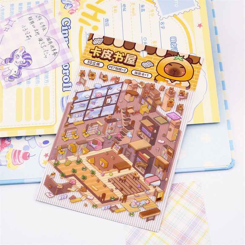 Cute Animal 5.0 3D Isometric Room Stickers Scene - 4 Theme Sets: Pony Flower Shop | Capybara Bookstore | Puppy Cake Shop | Bear Hamburger