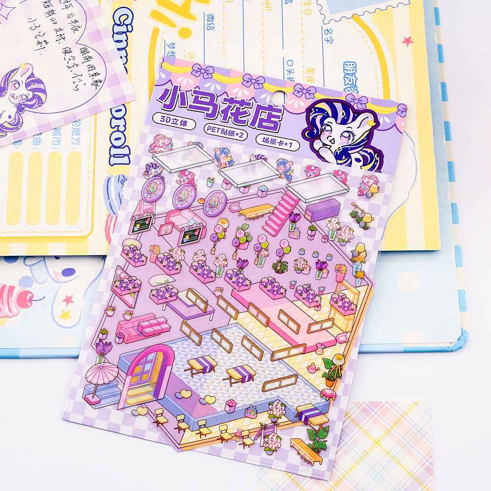 Cute Animal 5.0 3D Isometric Room Stickers Scene - 4 Theme Sets: Pony Flower Shop | Capybara Bookstore | Puppy Cake Shop | Bear Hamburger