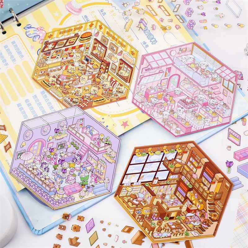 Cute Animal 5.0 3D Isometric Room Stickers Scene - 4 Theme Sets: Pony Flower Shop | Capybara Bookstore | Puppy Cake Shop | Bear Hamburger