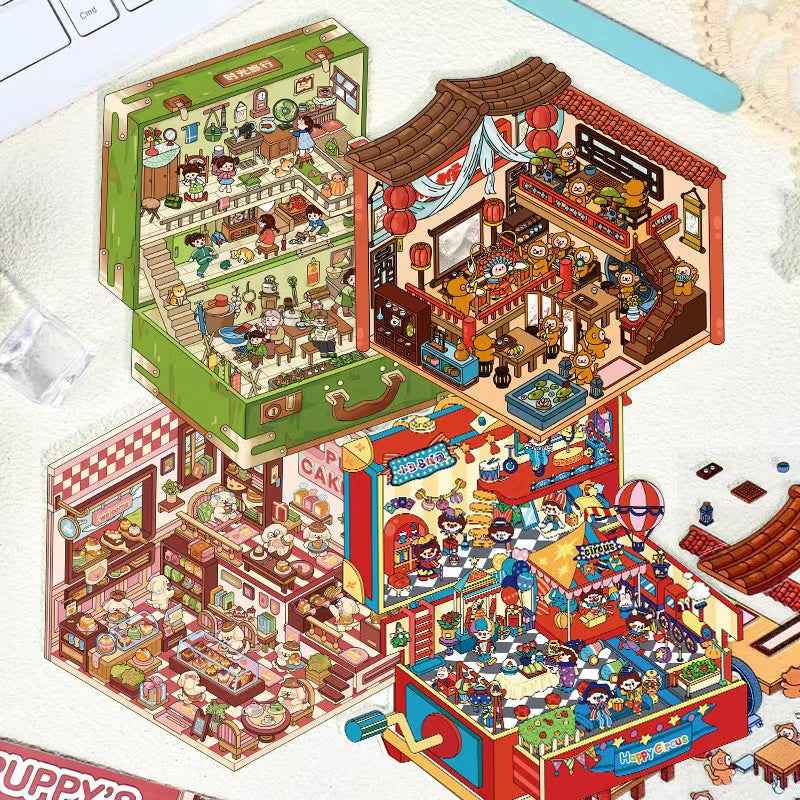 Magical Realm 2.0 3D Isometric Room Stickers Scene - 4 Theme Sets: Clown Theater Box | Vintage Suitcase | Monkey Theater | Puppy Cake Shop