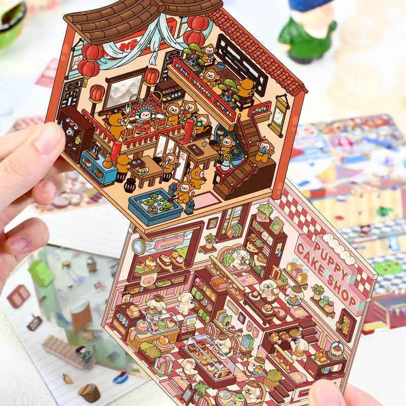 Magical Realm 2.0 3D Isometric Room Stickers Scene - 4 Theme Sets: Clown Theater Box | Vintage Suitcase | Monkey Theater | Puppy Cake Shop
