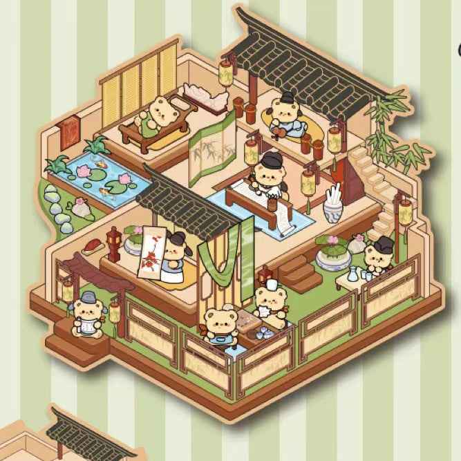 Cute Animals in Chinese Architecture 3D Isometric Room Stickers Scene - 4 Theme Sets: Bunny Courtyard | Capybara Theater | Bear Go Pavilion | Panda Hotpot Restaurant