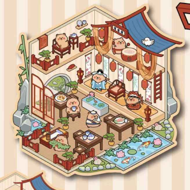 Cute Animals in Chinese Architecture 3D Isometric Room Stickers Scene - 4 Theme Sets: Bunny Courtyard | Capybara Theater | Bear Go Pavilion | Panda Hotpot Restaurant