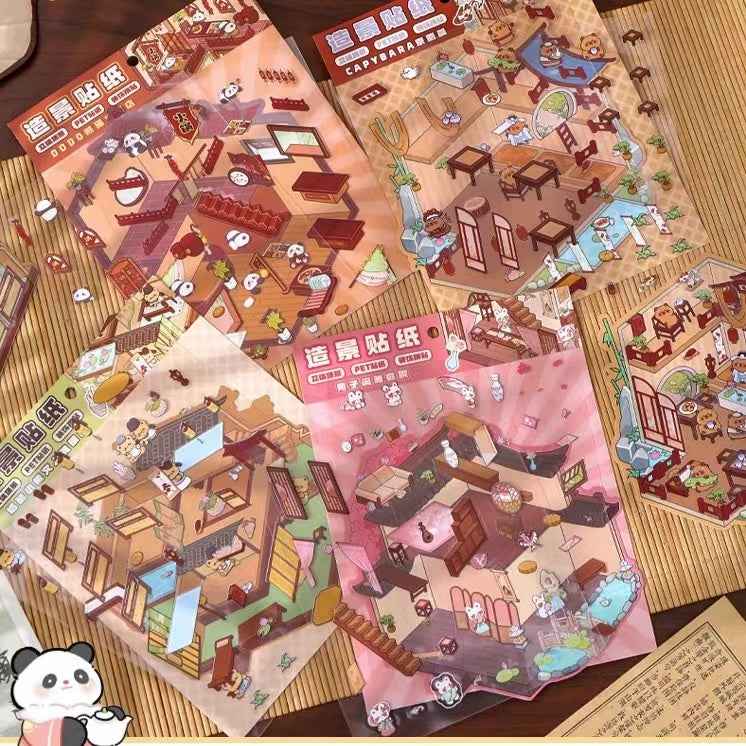 Cute Animals in Chinese Architecture 3D Isometric Room Stickers Scene - 4 Theme Sets: Bunny Courtyard | Capybara Theater | Bear Go Pavilion | Panda Hotpot Restaurant