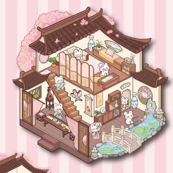 Cute Animals in Chinese Architecture 3D Isometric Room Stickers Scene - 4 Theme Sets: Bunny Courtyard | Capybara Theater | Bear Go Pavilion | Panda Hotpot Restaurant