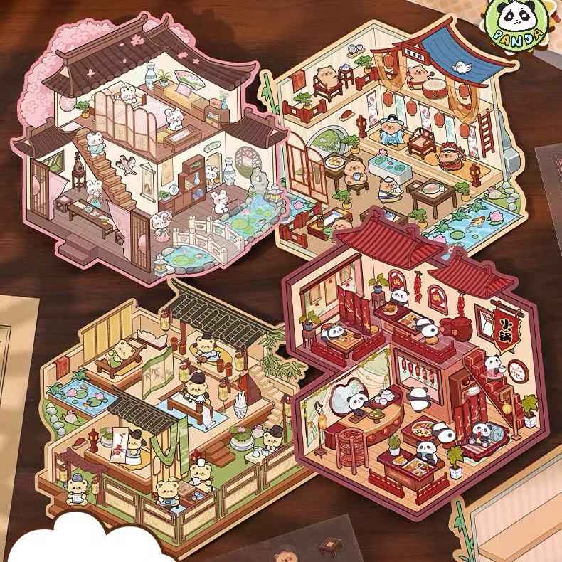 Cute Animals in Chinese Architecture 3D Isometric Room Stickers Scene - 4 Theme Sets: Bunny Courtyard | Capybara Theater | Bear Go Pavilion | Panda Hotpot Restaurant