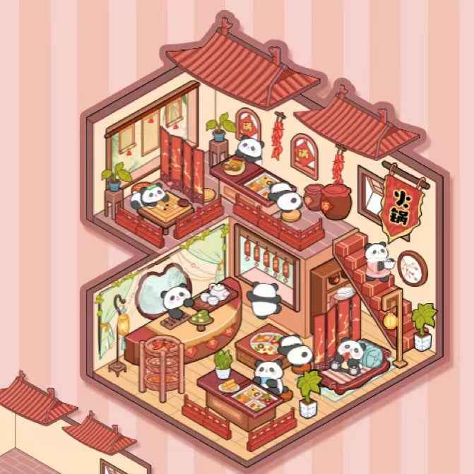 Cute Animals in Chinese Architecture 3D Isometric Room Stickers Scene - 4 Theme Sets: Bunny Courtyard | Capybara Theater | Bear Go Pavilion | Panda Hotpot Restaurant