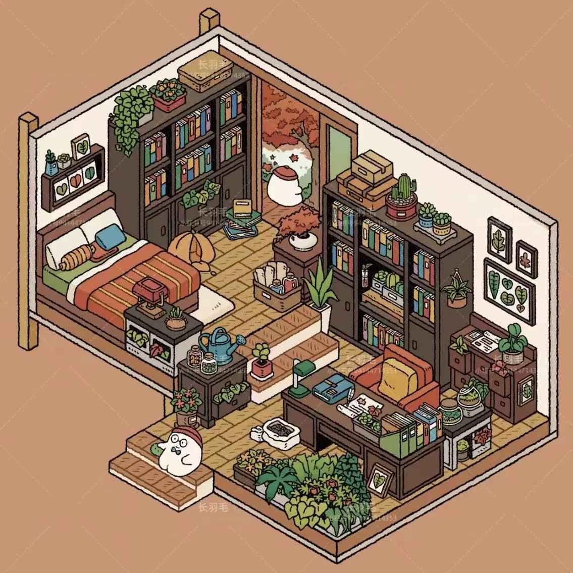 Sweet Girl 3D Isometric Room Stickers Scene - 5 Theme Sets: Underwater Home | Dessert Shop | Wooden Cabin | Bookstore | Magical House