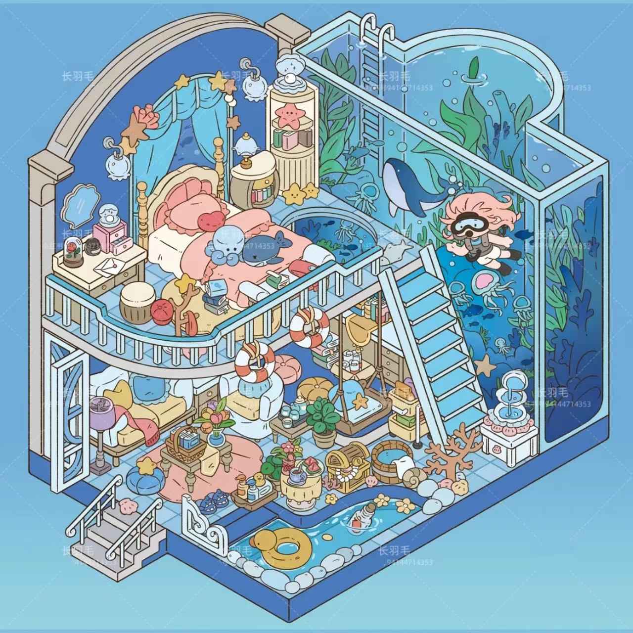 Sweet Girl 3D Isometric Room Stickers Scene - 5 Theme Sets: Underwater Home | Dessert Shop | Wooden Cabin | Bookstore | Magical House