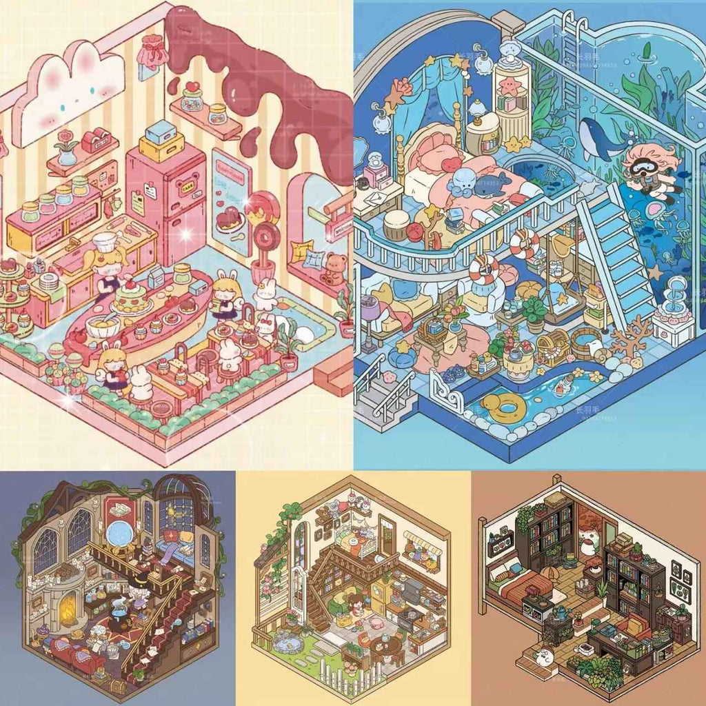 Sweet Girl 3D Isometric Room Stickers Scene - 5 Theme Sets: Underwater Home | Dessert Shop | Wooden Cabin | Bookstore | Magical House