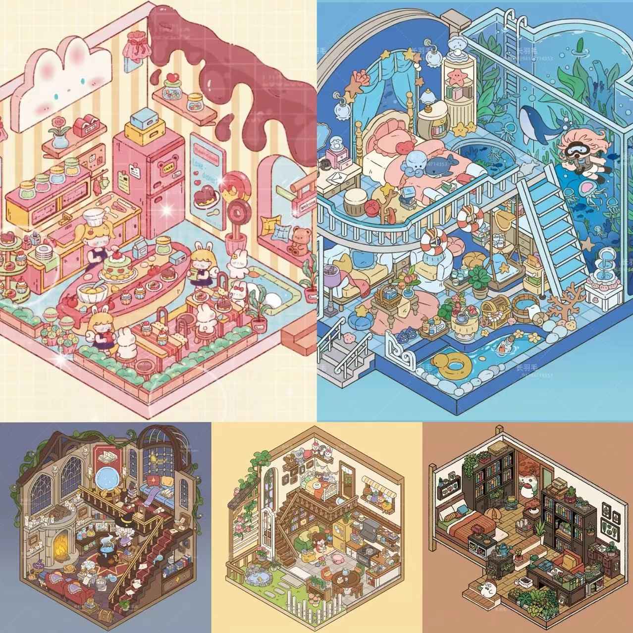 Sweet Girl 3D Isometric Room Stickers Scene - 5 Theme Sets: Underwater Home | Dessert Shop | Wooden Cabin | Bookstore | Magical House