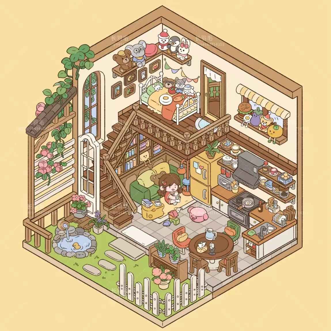 Sweet Girl 3D Isometric Room Stickers Scene - 5 Theme Sets: Underwater Home | Dessert Shop | Wooden Cabin | Bookstore | Magical House